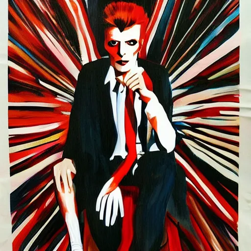 Image similar to a painting of David Bowie, wearing a white suit, sitting on a throne of guitars, in the style of Alex Ross