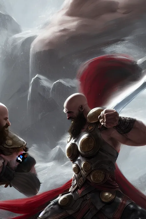 Prompt: kratos vs thor in valhalla, highly detailed, digital painting, artstation, concept art, smooth, sharp focus, illustration, unreal engine 5, 8 k, art by artgerm and greg rutkowski and edgar maxence