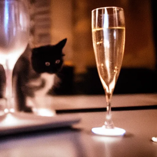 Prompt: a photo of a cat drinking expensive champagne in a fancy dark bar, mood lighting, f 1. 8, iso 1 6 0 0