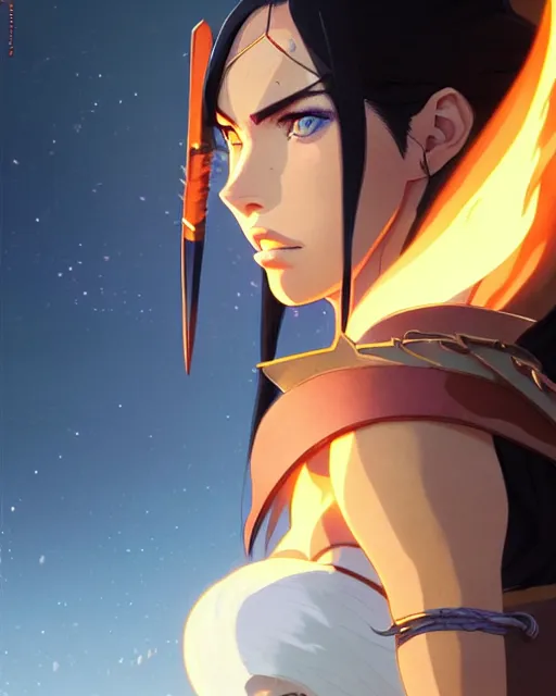 Image similar to azctec warrior, megan fox, detailed perfect face, exquisite details, fire magic, night, mid view, design on a white background, by studio muti, greg rutkowski makoto shinkai takashi takeuchi studio ghibli