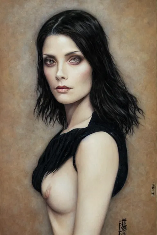 Prompt: Beautiful oil painting of Alice Cullen by Chie Yoshii, portrait, pale, short black hair, symmetrical face, dramatic lighting, sharp focus, smooth, Ashley Greene