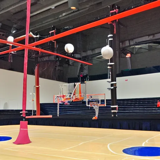 Prompt: a sportshall. in the distance 3 giant pipes come out of the floor with the opening towards us. each pipe has a different color. unreal engine