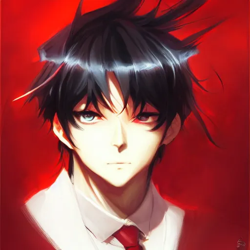 Image similar to anime portrait of a slick black hair guy with red eyes by stanley artgerm lau, wlop, rossdraws, james jean, andrei riabovitchev, marc simonetti, and sakimichan, trending on artstation