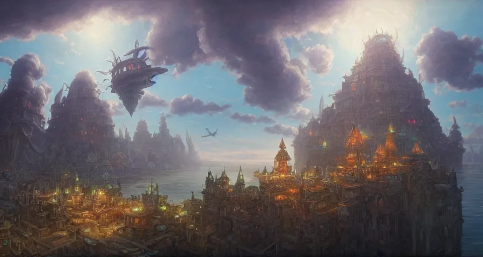 Prompt: landscape an ancient floating fantasy city in the sky and an singular fantasy airship flying towards it andreas rocha