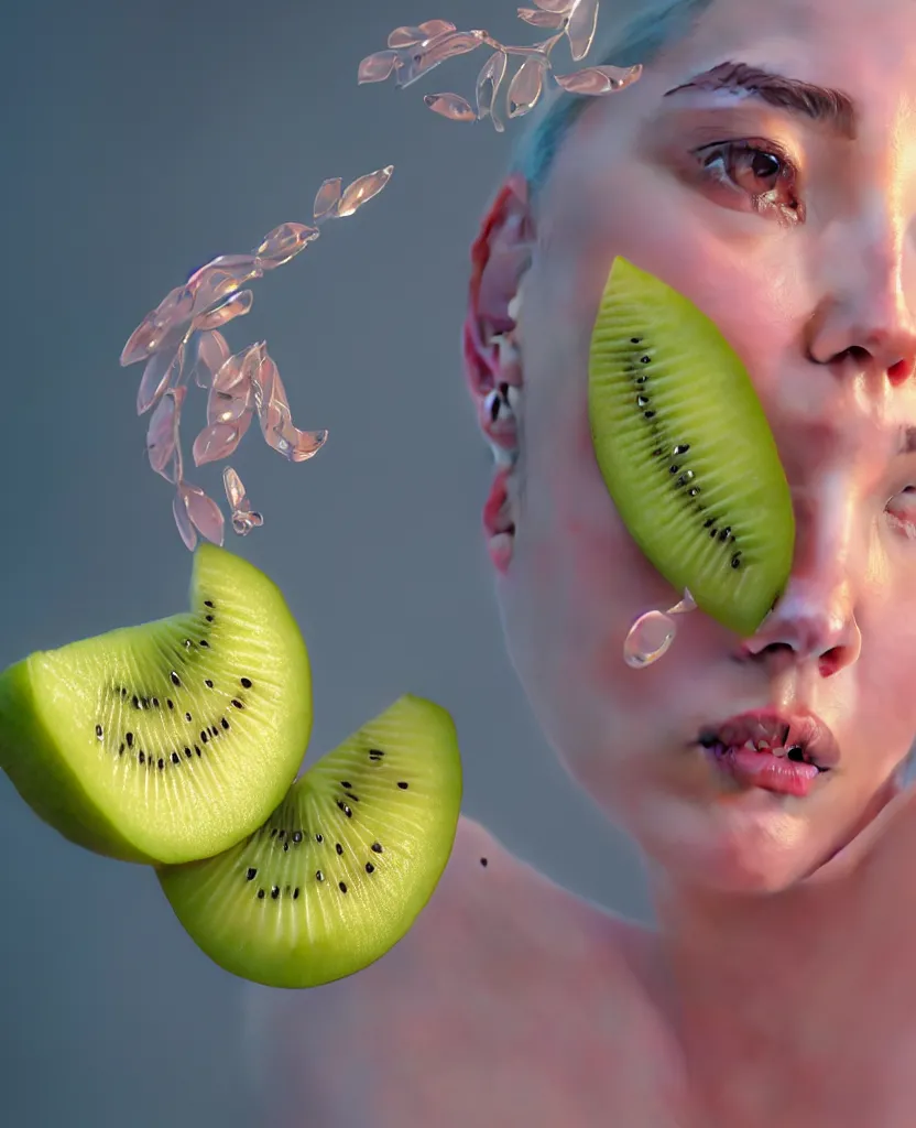 Image similar to goddess close - up yougurt girl, mango fruit, kiwi fruit, mango fruit bioluminiscent, intricate artwork by tooth wu and wlop and beeple. octane render, trending on artstation, greg rutkowski very coherent symmetrical artwork. cinematic, hyper realism, high detail, elegant, octane render, 8 k