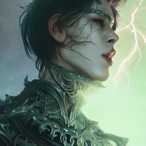 Image similar to breathtaking epic fantasy comic book style portrait of a male necromancer, castle setting, horror movie lightning, intricate, elegant, highly detailed, digital painting, artstation, concept art, matte, sharp focus, illustration, art by Artgerm and Hsiao-Ron Cheng and Alphonse Mucha, extremely moody lighting, hyperrealistic, octane render, RPG portrait, ambient light, dynamic lighting