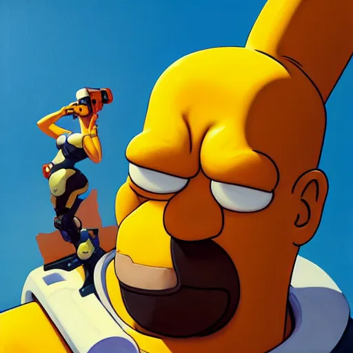 Image similar to Greg Manchess portrait painting of Homer Simpson as Overwatch character, medium shot, asymmetrical, profile picture, Organic Painting, sunny day, Matte Painting, bold shapes, hard edges, street art, trending on artstation, by Huang Guangjian and Gil Elvgren and Sachin Teng