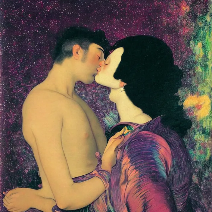 Prompt: close portrait of woman and man kissing. aurora borealis. iridescent, vivid psychedelic colors. painting by caravaggio, agnes pelton, utamaro, monet