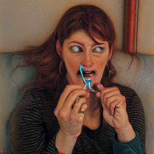 Prompt: woman with a power cord plugged into her mouth, by donato giancola.