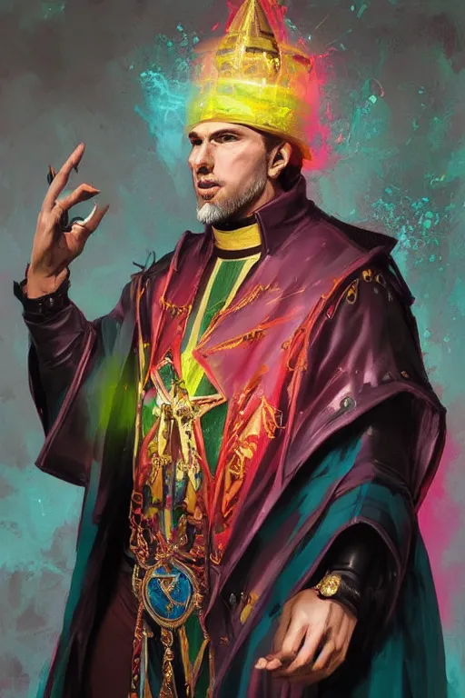 Prompt: a full body digital painting concept art portrait of a badass catholic bishop dressed in stylish garish clothing with face and body clearly visible by artgerm and greg rutkowski, fornite, valorant, high quality, happy mood, artstation trending, vibrant colours, no crop, no helmet, no headgear, entire character, blank background, face visible, realistic proportions,