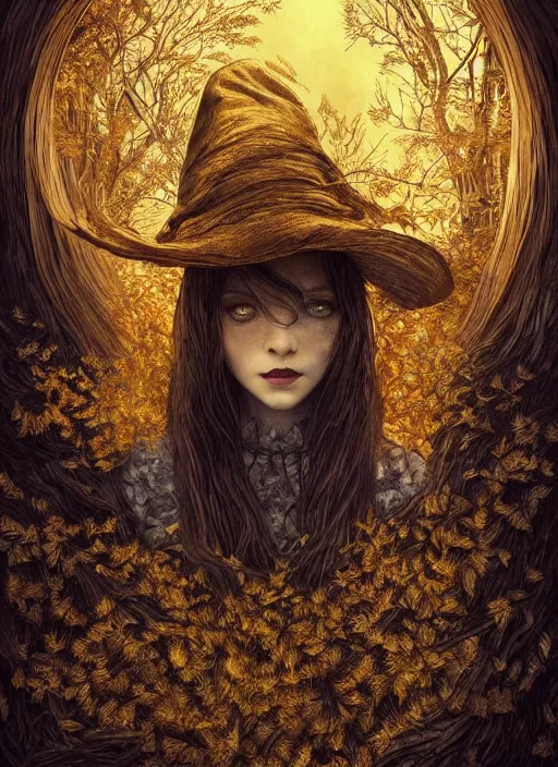 Image similar to golden leaves at frame border, creative!!! composition for a book cover!!!, absurdly beautiful, ultrafine hyperrealistic detailed old witch face by wlop and artgerm and greg rutkowski, intricate linework, sharp focus, smooth, octopath traveler, final fantasy, unreal engine, dramatic lighting, ethereal, 8 k