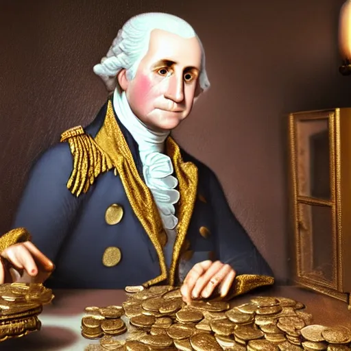 Image similar to a closeup photorealistic photograph of a happy George Washington inspecting small gold Doubloon coins at his home on Cherry Street. This 4K HD image is Trending on Artstation, featured on Behance, well-rendered, extra crisp, features intricate detail and the style of Unreal Engine.