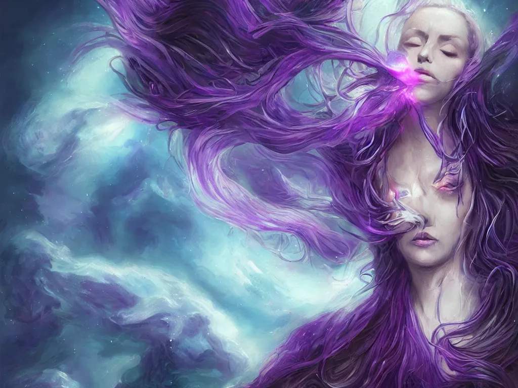 Image similar to epic portrait an beautiful nebulae goddess with purple long flowing hair and purple glowing eyes, sweaty skin, beautiful face, blurry lighting strike space backround, digital painting, artstation, concept art, soft light, hdri, smooth, sharp focus, illustration, fantasy, intricate, elegant, highly detailed, D&D, matte painting, in the style of Greg Rutkowski and Alphonse Mucha and artemisia, 8k, highly detailed, jurgens, rutkowski, bouguereau, pastoral, rustic, georgic, detailed concept art, illustration, colorful pastel, painting, detail, ultra detailed, digital art, 4K,