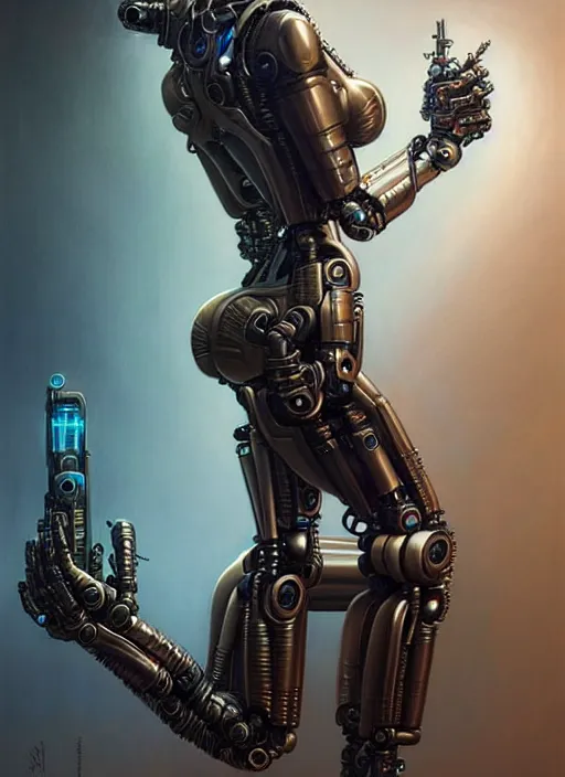 Image similar to full length a cyberpunk robot woman, intricate, elegant, highly detailed, centered, digital painting, artstation, concept art, smooth, sharp focus, illustration, artgerm, tomasz alen kopera, peter mohrbacher, donato giancola, joseph christian leyendecker, wlop, boris vallejo