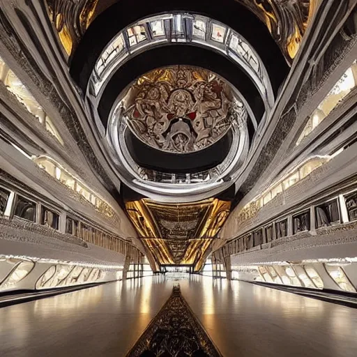 Prompt: giant Mars art center designed by Zaha Hadid with baroque elements. Ultra futuristic design that combines ornate baroque with clean organic forms.. Beautiful, enormous space with epic details