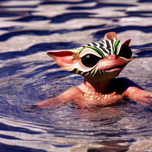 Image similar to striped gremlin swimming in a pool in the desert