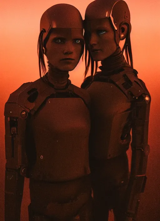 Image similar to cinestill 5 0 d photographic portrait of two loving female androids wearing rugged black techwear on a desolate plain with a red sky in front of a brutalist structure, extreme closeup, cyberpunk style, dust storm, 8 k, hd, high resolution, 3 5 mm, f / 3 2, ultra realistic faces, ex machina