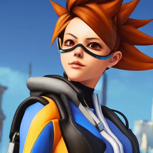 Prompt: digital painting of tracer overwatch wearing large leather collar, standing in city area, 4 k, realistic,