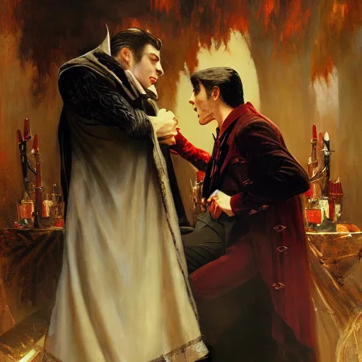 Image similar to attractive male, arthur pendragon confesses his love to attractive male dracula the vampire. highly detailed painting by gaston bussiere, craig mullins, j. c. leyendecker 8 k