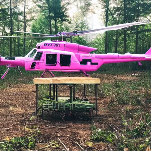 Image similar to a pink attack helicopter that is landed on a helipad in the middle of the forest, post-apocalyptic setting,