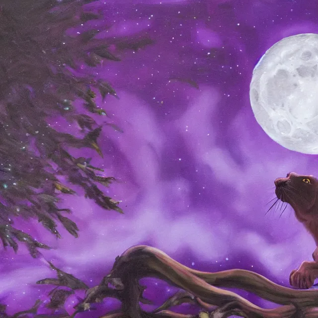 Prompt: closeup of a purple panther roaring at the moon in the forest. night. large moon in the center. cinematic. oil painting. concept art