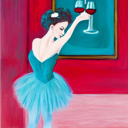 Image similar to painting of a ballerina drinking wine in a teal room, red background