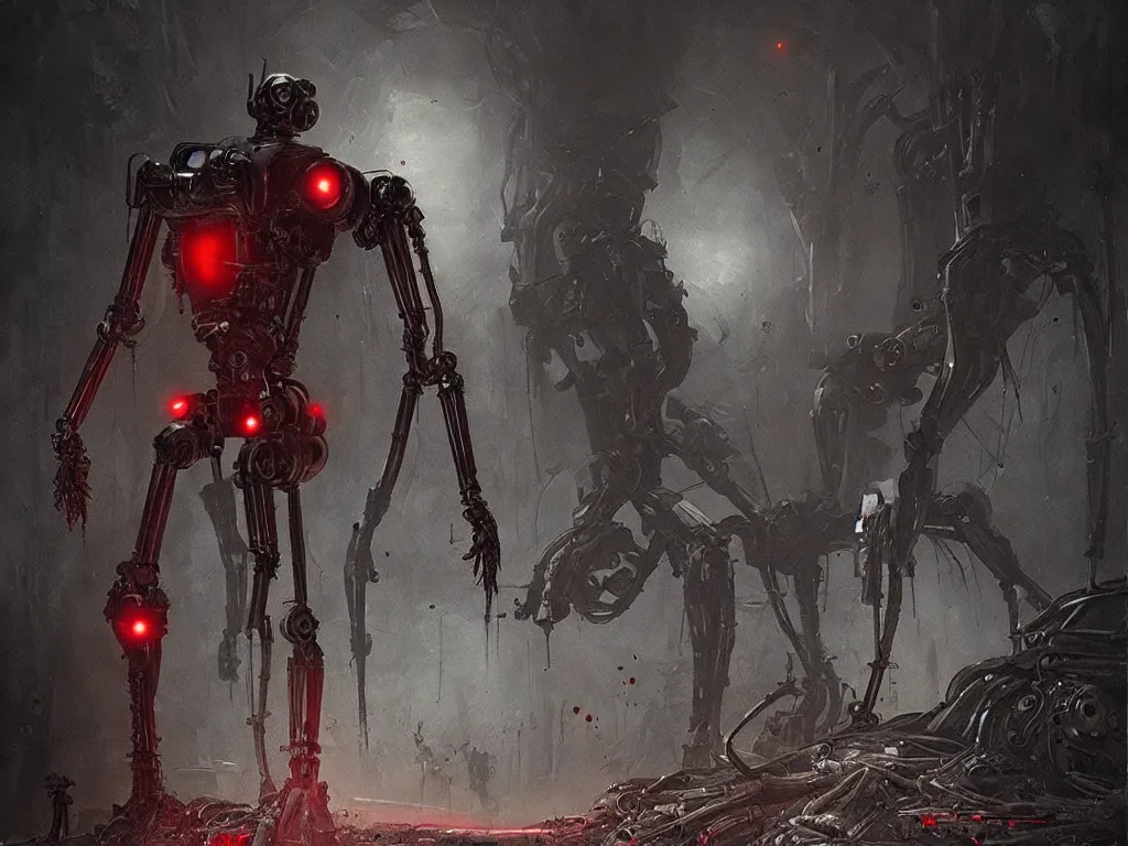 Image similar to an uncanny and sinister robot with red eyes and organic matter all over its body, by Greg Rutkowski and HR Giger, cinematic, horror, sci-fi, sharp focus, highly detailed