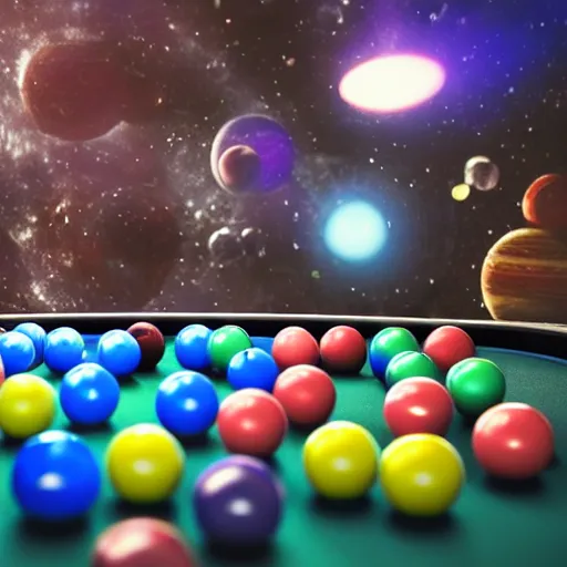 Image similar to planets of the galaxy as pool balls with pool balls containing galaxies and stars on a pool table with aliens holding pool sticks and drinking alien drinks movie still, cinematic, photorealistic, extreme detail, sharp focus, 8 k, intricate, hyper detailed, realistic, cinematic lighting