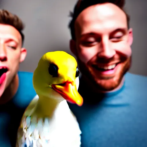 Prompt: two men close to the camera are surprised mouth agape pointing at a small duck further back in the shot, realistic, digital photo, suburb, youtube thumbnail, clickbait