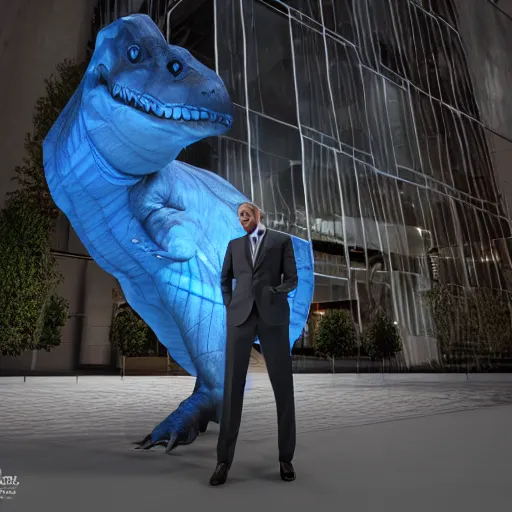 Prompt: a man with an elegant blue suit, photography, 3 d render, at night, buildings, dinosaur, strawberries - n 7