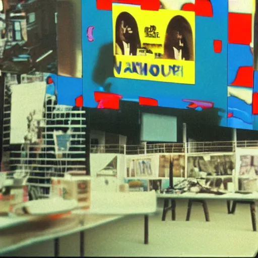 Image similar to chris morris does the news, set design by tadanori yokoo, 3 5 mm film, photograph