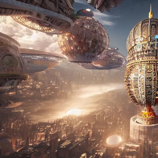 Image similar to enormous flying city in a faberge egg, sky, steampunk, fantasy art, unreal engine, chaotic