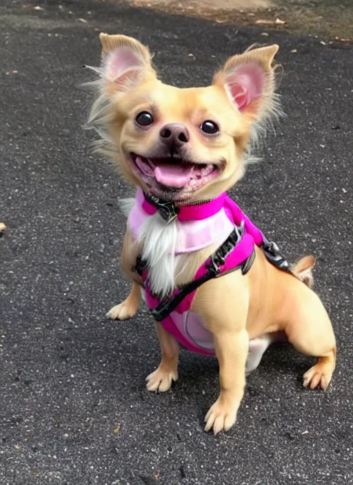 Image similar to fully grown tan pit bull, long - haired chihuahua, pomeranian mix, wearing a pink harness