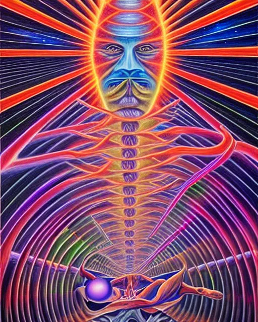 Prompt: super detailed hyperrealistic painting of the infinite cosmic galaxy liminal spacetime by alex grey