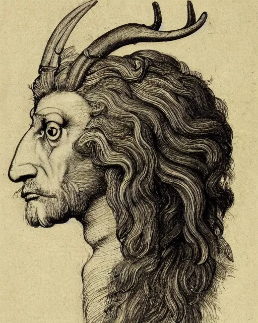 Image similar to a creature, human eyes, eagle beak, lion mane, two horns on the head, drawn by da vinci