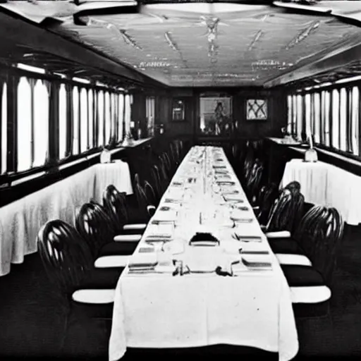 Prompt: first class dining room on the titanic, wide shot, old photograph, detailed furnishings,