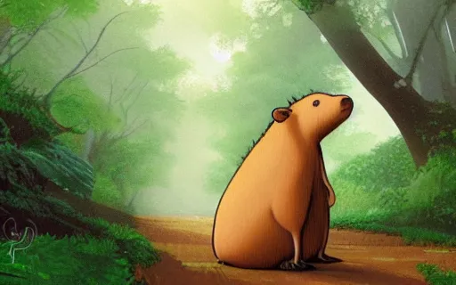Prompt: a young girl with her pet capybara walking through the forest, raining, shot from the side, art by hayao miyazaki, studio ghibli film, 4k, hi res, high detail