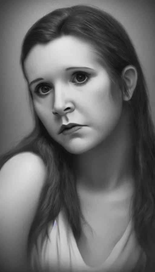 Image similar to a portrait of young carrie fisher, in the style of paul cadden, dirk dzimirsky, gustave courbet, dramatic studio lighting, 3 5 mm f 1. 4 lens depth of field, octane render 8 k