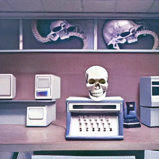 Image similar to large metallic skull attached to an infinitely long coiled cable, stoic and calm, inside of an unlit 1970s convenience store with a soviet computer console on the wall, ektachrome photograph, volumetric lighting, f8 aperture, cinematic Eastman 5384 film