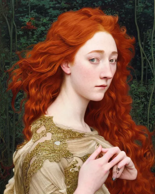 Image similar to intricate art nouveau oil painting of redheaded young saoirse ronan or redheaded millie bobby brown with long hair blowing in the wind, wearing an intricate gold lace dress, highly detailed, intricate, elegant, digital painting, smooth, sharp focus, illustration, ultra realistic, 8 k, by bouguereau, alphonse mucha, artgerm, and donato giancola