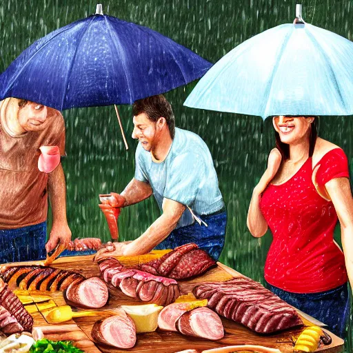 Image similar to portrait of people doing bbq under heavy rain, ultra realistic face detailed eyes