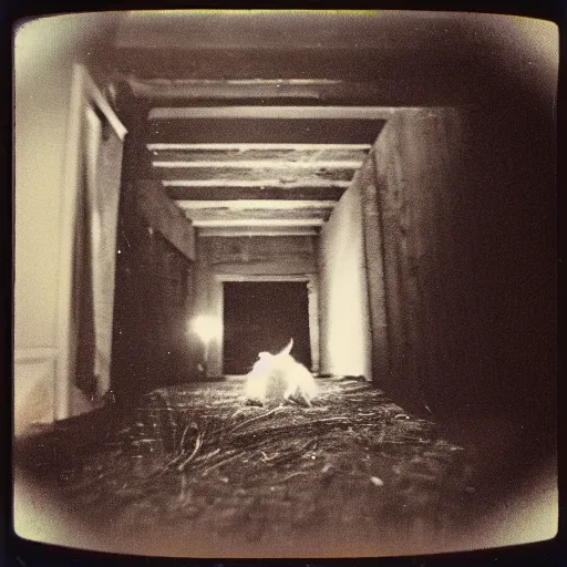 Prompt: an eerie polaroid photograph of the rabbit looking back from inside the crawlspace,, nighttime, dimly lit, creepy