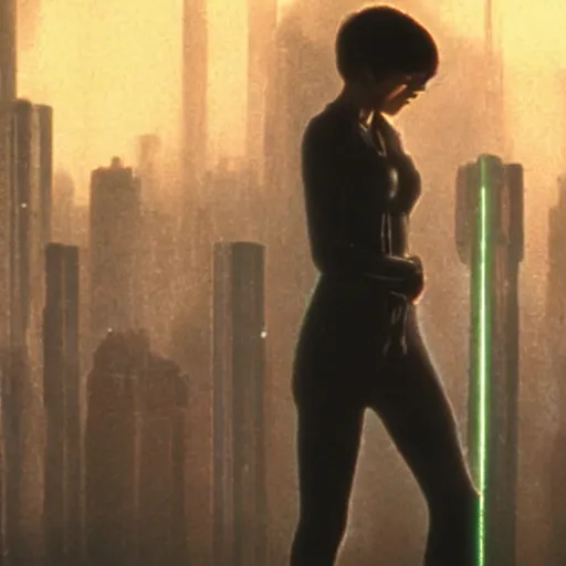 Prompt: joi from blade runner as a giant translucent hologram, leaning forward to look at a regular sized person on a bridge, neo noire