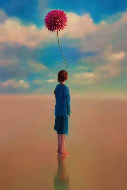 Image similar to closeup giant dahlia flower head, girl standing on beach, surreal photography, blue sky, sunrise, dramatic light, impressionist painting, digital painting, artstation, simon stalenhag