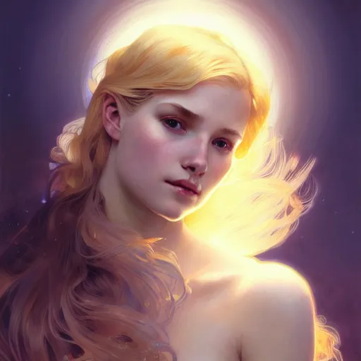 Image similar to Portrait of a girl with blonde hair, a glowing halo, a sheer translucent vale, huge highly detailed wings, fantasy, intricate, elegant, highly detailed, digital painting, artstation, concept art, smooth, sharp focus, illustration, art by Krenz Cushart and Artem Demura and alphonse mucha