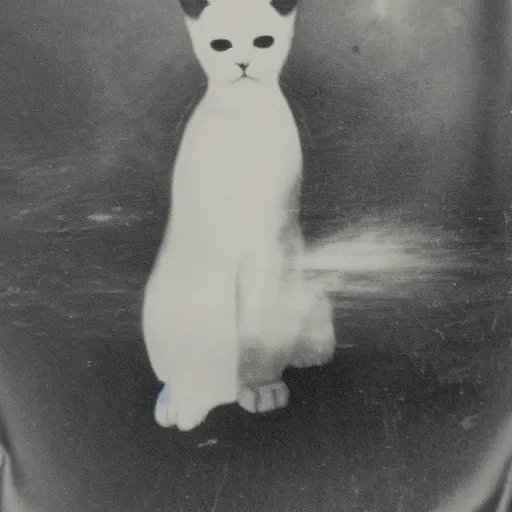 Prompt: lithograph of a cat emitting ectoplasm, haunted cat, ghostly presence, vintage photography