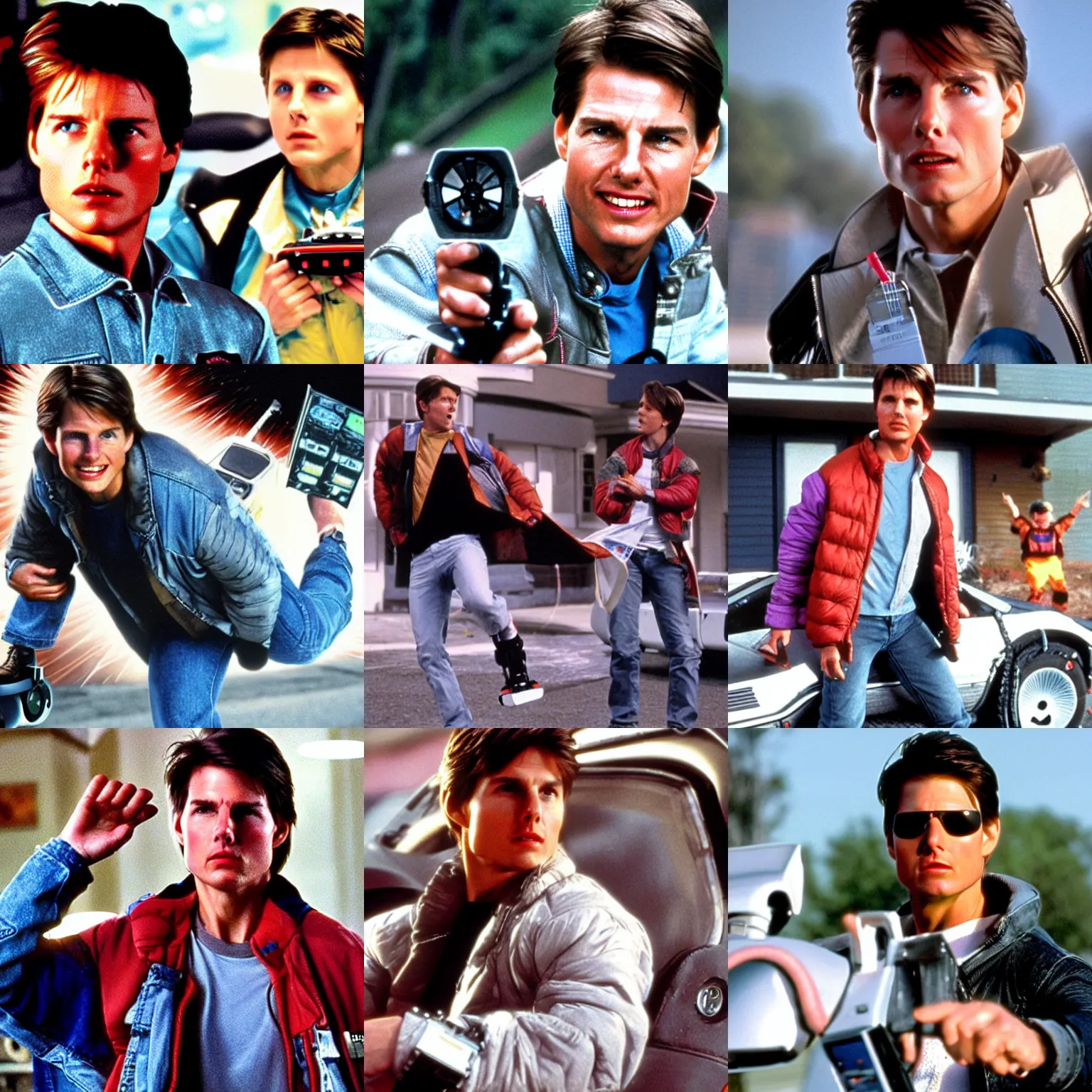 Prompt: tom cruise as marty mcfly in back to the future, hoverboard, doc