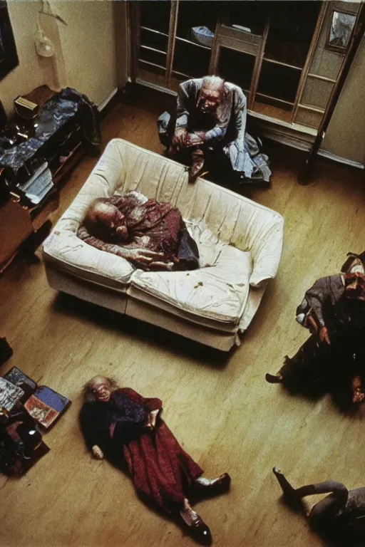 Image similar to realistic detailed image of an overhead view of an old couple sitting on a couch in old living room style of Francis Bacon and Greg Rutkowski, overhead view interior room, messy living room. Still from 1982 movie The Thing. Beksiński Masterpiece