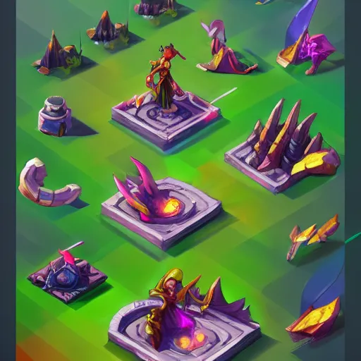 Prompt: Concept art of the new League of Legends Champion on Summoner's Rift, Isometric, Digital Painting, Bright Colors, Trending on Artstation, Character Reference Sheet