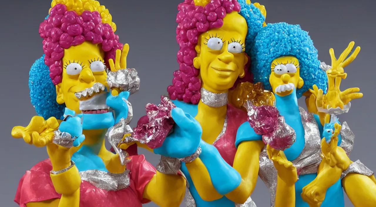 Prompt: a colorful gum sculpture of Marge Simpson made of gold and silver